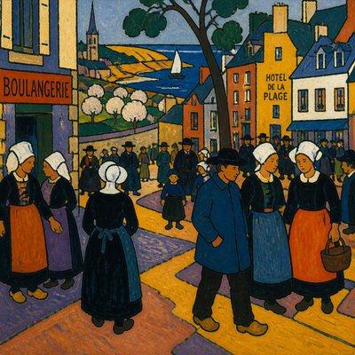 urban street with city activity — Pont-Aven Art Style