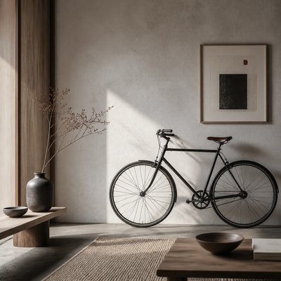 bicyle resting against a wall — Japandi Aesthetic