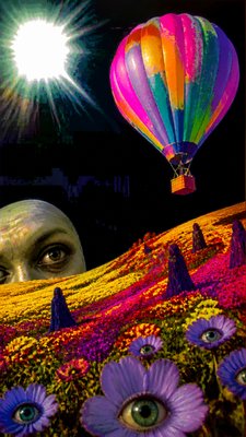 a hot air balloon drifting over rolling flower fields on a sunny day, cheerful, no text