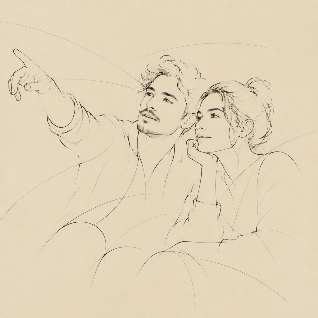 portrait of two people together — Implied Line Art Style
