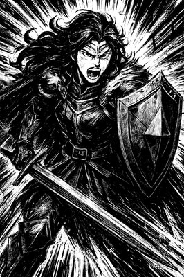 a black and white drawing of a woman holding a sword
