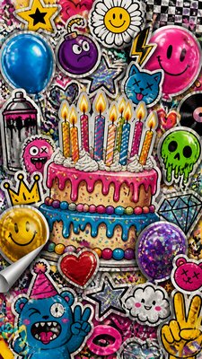 a birthday cake with lit candles surrounded by balloons and confetti, festive vertical composition, no text