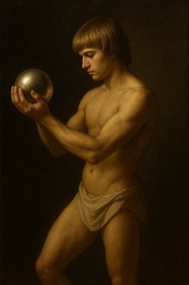 a painting of a man holding a silver ball