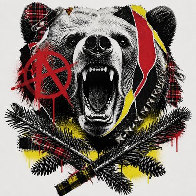 a roaring bear head above crossed pine branches, bold graphic composition on a plain background, no text
