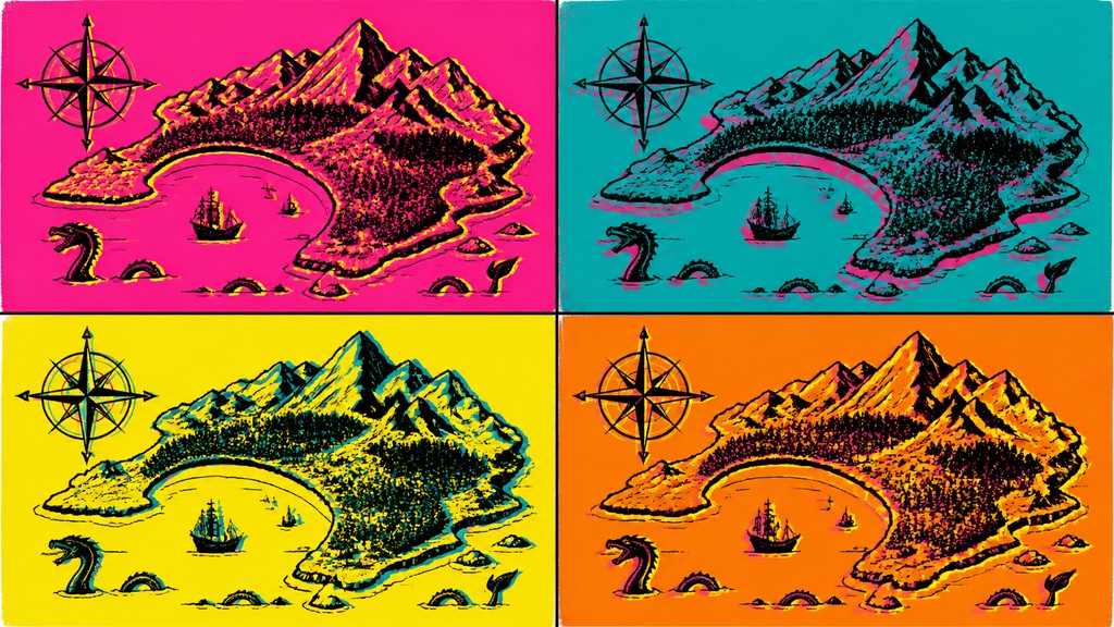 a map of an island realm with mountains, forests, a sheltered bay, sea monsters in the water and a compass rose, no text labels