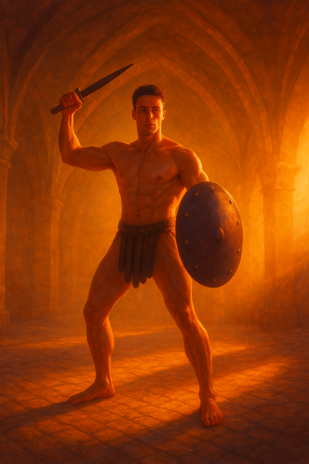 a painting of a man holding a sword and a shield