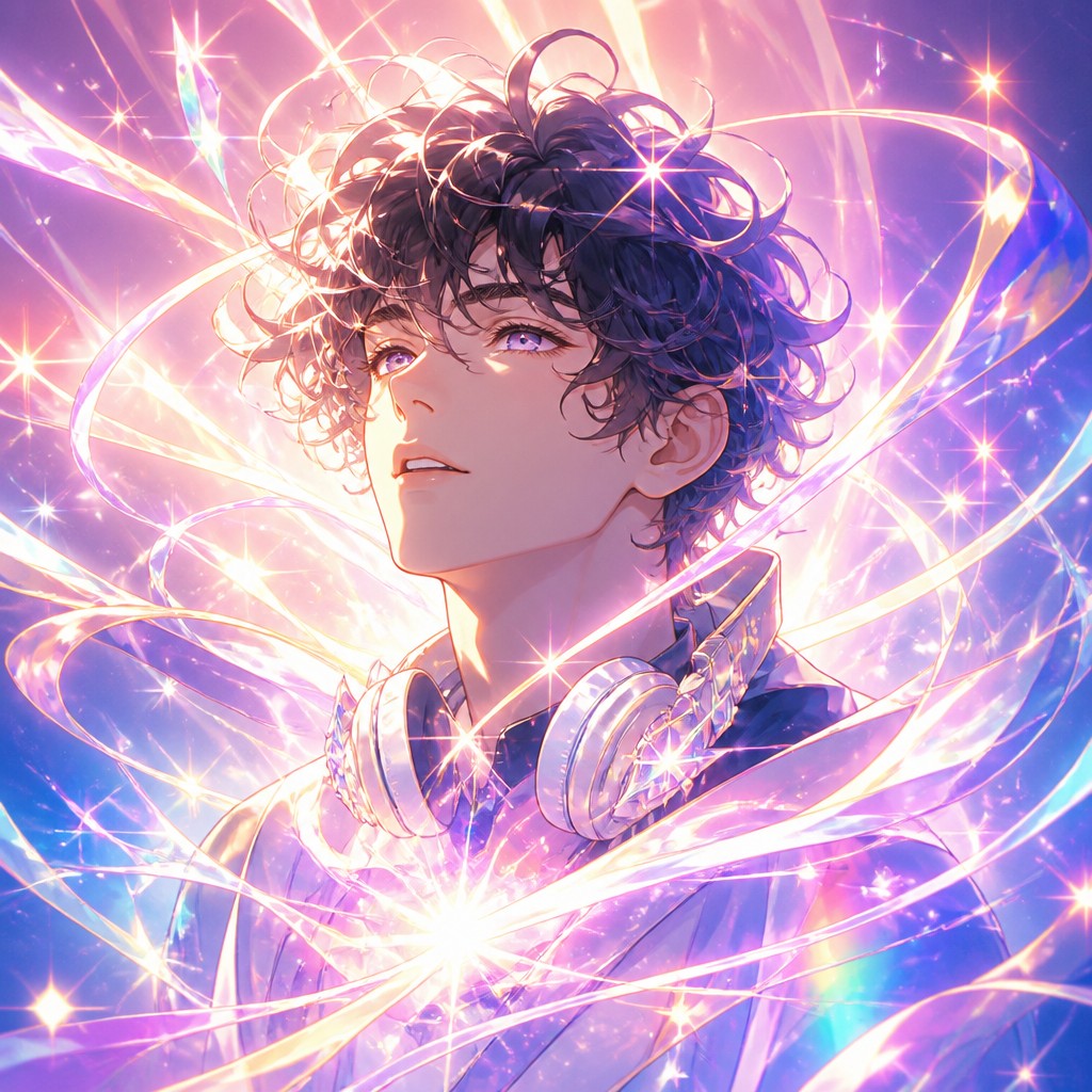 head-and-shoulders portrait of an original character: a young man with curly dark hair and headphones around his neck, plain backdrop, no text