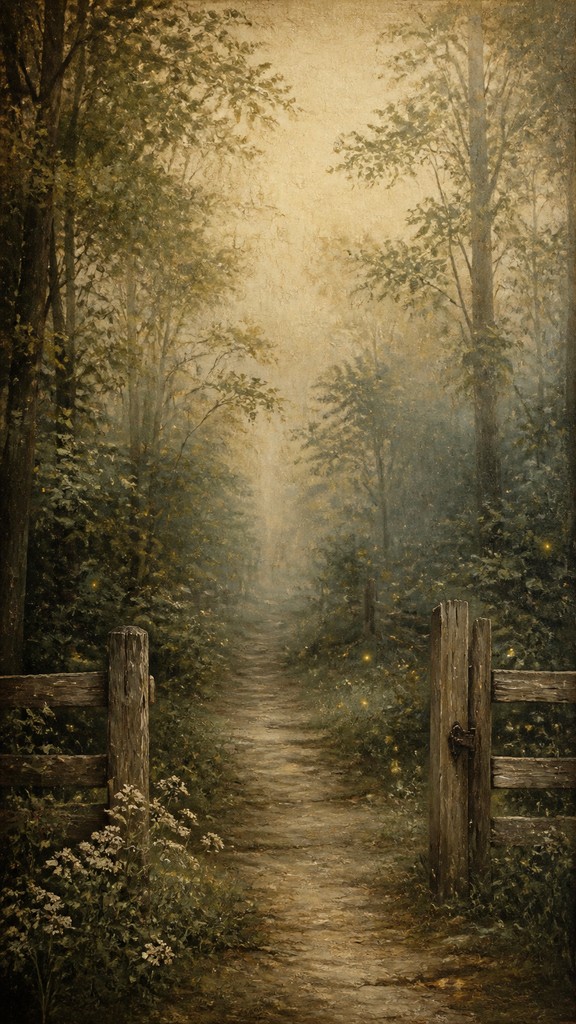 a mysterious forest path with fireflies and drifting mist, atmospheric vertical composition with open space at the top, no text