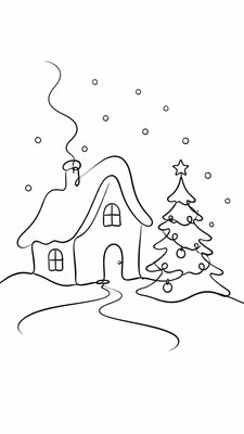 a snow-covered cottage with warm glowing windows beside a decorated pine tree, gentle snowfall, no text