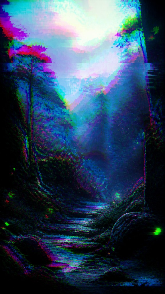 a mysterious forest path with fireflies and drifting mist, atmospheric vertical composition with open space at the top, no text