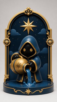 a robed figure pouring water beneath a large eight-pointed star in a night sky, symmetrical composition with an ornate decorative border, no text