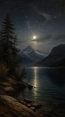 a tranquil mountain lake beneath a starry night sky, no people, no text