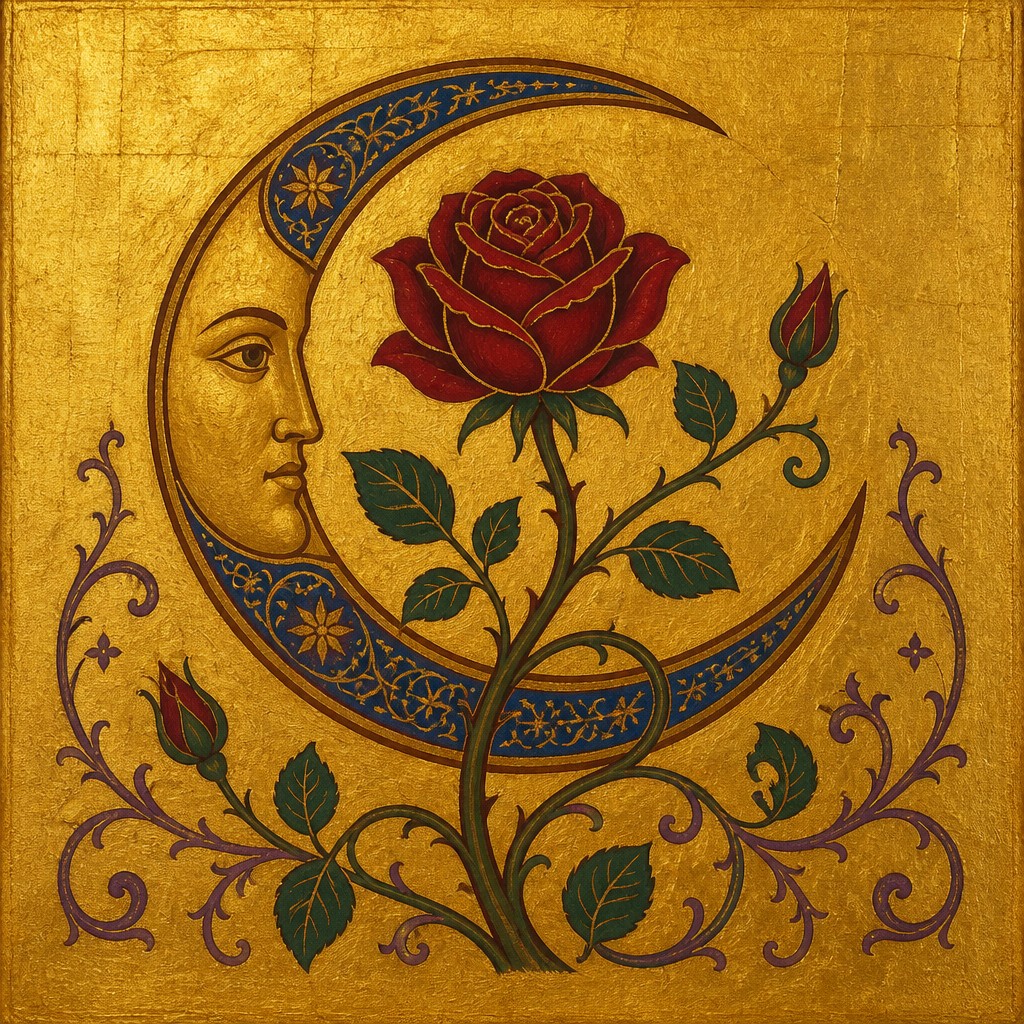 a rose entwined with a crescent moon, clean balanced composition on a plain background, no text