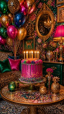 a birthday cake with lit candles surrounded by balloons and confetti, festive vertical composition, no text