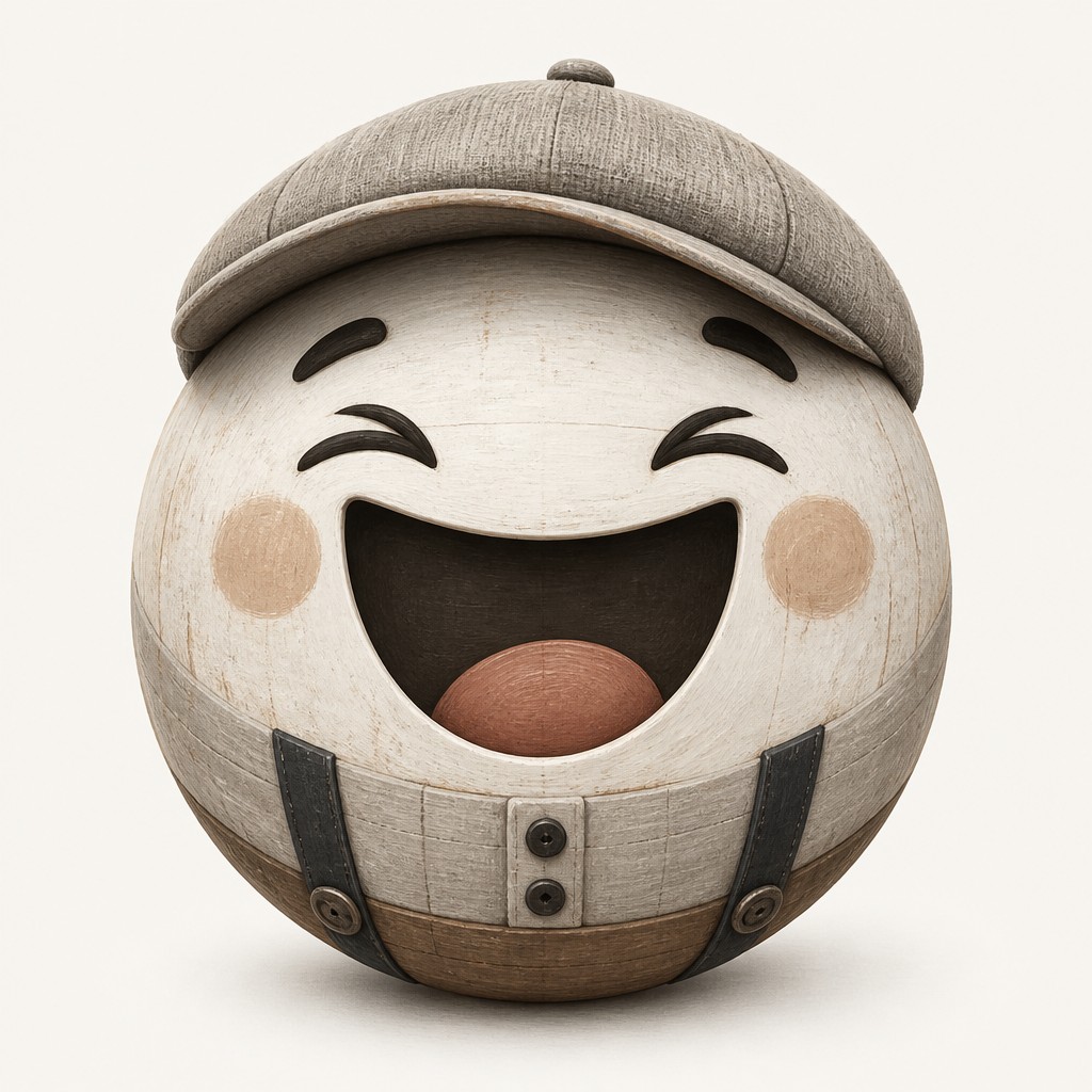 an exaggerated laughing face of an original round mascot character, bold and readable at small size, plain background, no text
