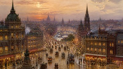 bustling city street panorama at dusk