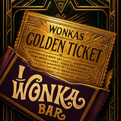 A highly detailed, close-up shot of a Willy Wonka Golden Ticket, partially pulled from a classic Wonka Bar wrapper. The ticket itself is made of shimmering, radiant gold foil, catching and reflecting light in dazzling ways. It features elegant, whimsical typography in a classic, slightly ornate font, clearly stating 'WONKA'S GOLDEN TICKET' and the iconic invitation to the chocolate factory. The edges of the ticket might show slight crinkling or wear from being found. Surrounding the ticket, the vibrant, colorful Wonka Bar wrapper is visible, possibly in shades of purple and white, with the distinctive 'WONKA' logo prominently displayed. The background is a soft, dreamlike blur, suggesting the excitement and wonder surrounding its discovery, perhaps hinting at a magical, candy-filled factory in the distance. The lighting is bright and enchanting, emphasizing the ticket's golden luster."