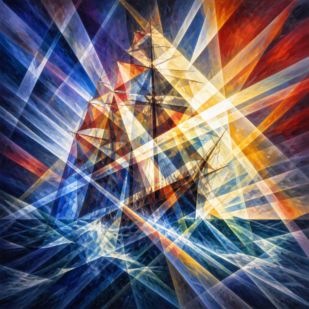 sailing ship on a stormy sea — Rayonism Art Style
