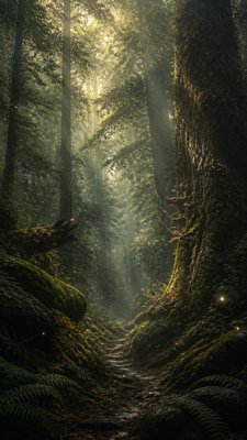 a mysterious forest path with fireflies and drifting mist, atmospheric vertical composition with open space at the top, no text