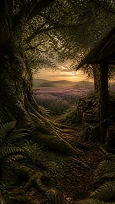 a field of lavender stretching to distant hills at dusk, no people
