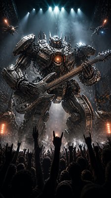 a live music scene with a glowing stage and silhouetted crowd, energetic vertical composition with open space at the top, no text