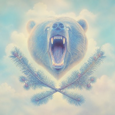 a roaring bear head above crossed pine branches, bold graphic composition on a plain background, no text