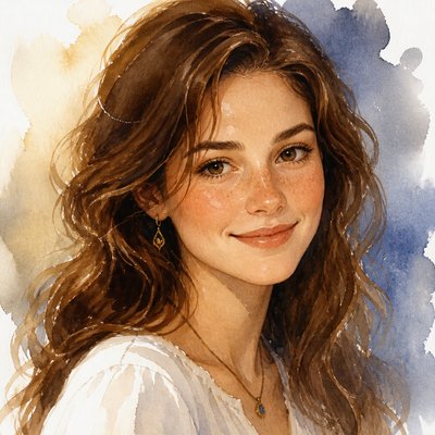 head-and-shoulders portrait of an original character: a young woman with wavy chestnut hair and a warm smile, plain soft backdrop
