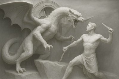a statue of a man holding a sword next to a dragon