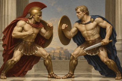 a painting of two men in roman costumes