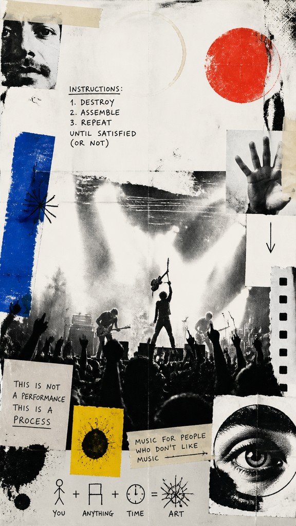 a live music scene with a glowing stage and silhouetted crowd, energetic vertical composition with open space at the top, no text