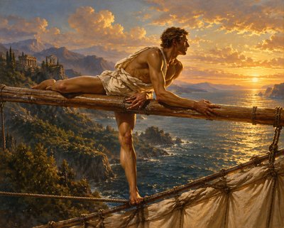 a painting of a man sitting on a boat