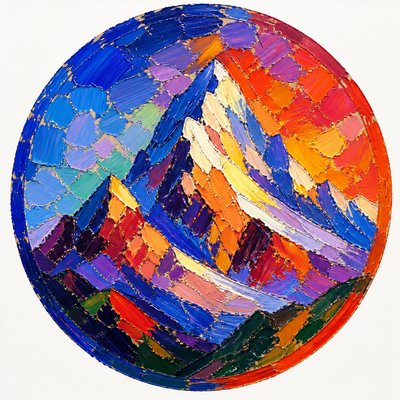 an emblem of a mountain peak inside a circle, simple bold shapes on a plain background, no text or lettering