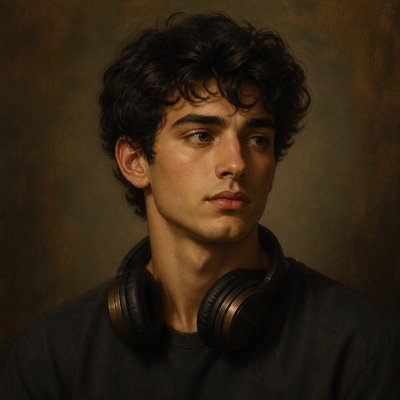 head-and-shoulders portrait of an original character: a young man with curly dark hair and headphones around his neck, plain backdrop, no text