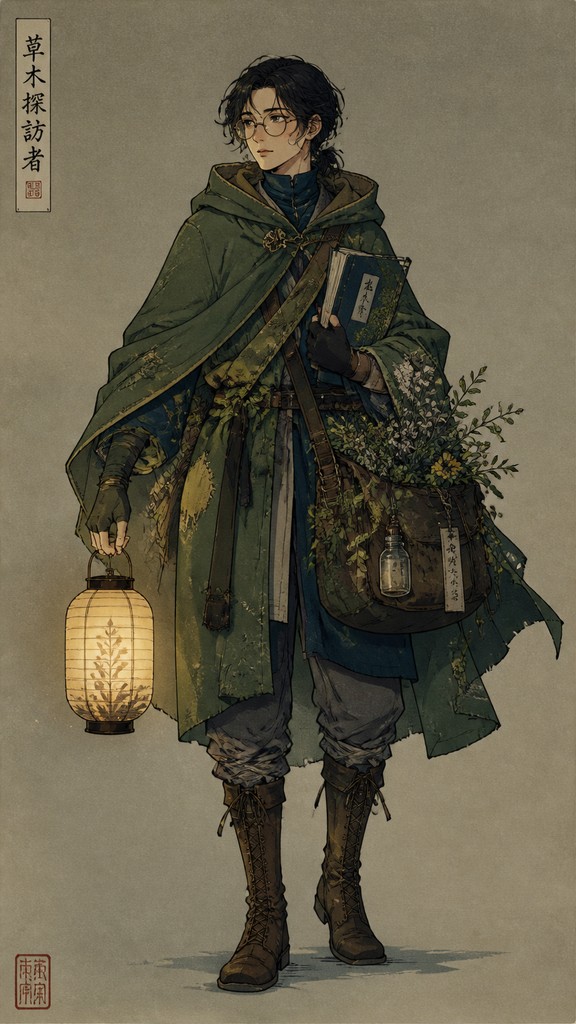 full-body original character: a wandering botanist with a satchel of plants, a patched green cloak, tall boots and round glasses, neutral background