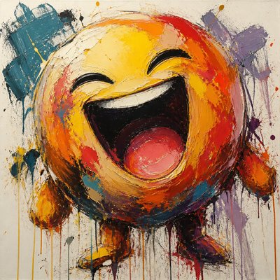 an exaggerated laughing face of an original round mascot character, bold and readable at small size, plain background, no text