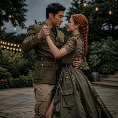 an original couple dancing under string lights in a garden at dusk: a man with short black hair in a linen shirt and a woman with braided red hair in a summer dress