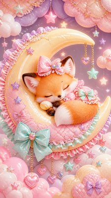 a sleeping baby fox curled on a crescent moon among soft stars, gentle and warm, no text