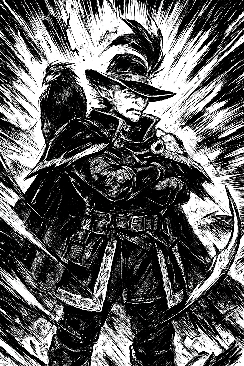 a drawing of a man in a hat and cape