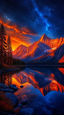 a tranquil mountain lake beneath a starry night sky, no people, no text