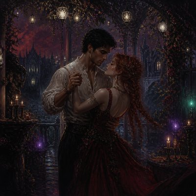 an original couple dancing under string lights in a garden at dusk: a man with short black hair in a linen shirt and a woman with braided red hair in a summer dress