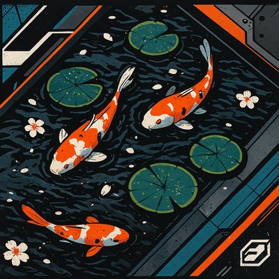 A koi pond seen from above, orange and white koi fish swimming among lily pads, clear water with subtle ripples, fallen cherry blossom petals floating on the surface, dappled sunlight