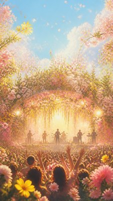 a live music scene with a glowing stage and silhouetted crowd, energetic vertical composition with open space at the top, no text