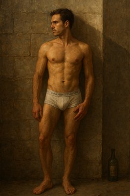 a painting of a shirtless man leaning against a wall