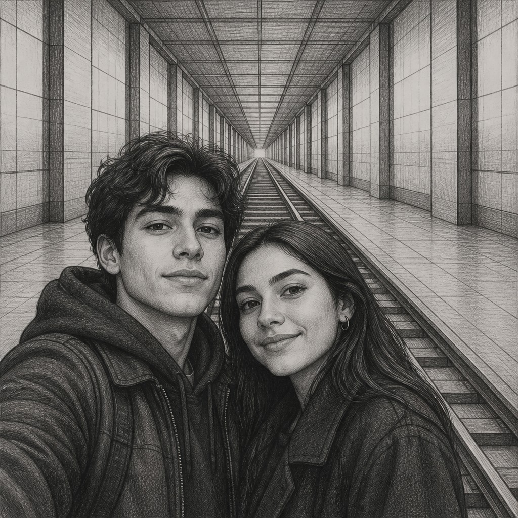 portrait of two people together — One-Point Perspective Art Style