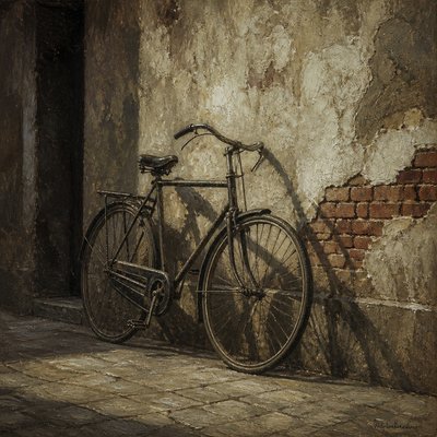 bicyle resting against a wall — Social Realism Art Style