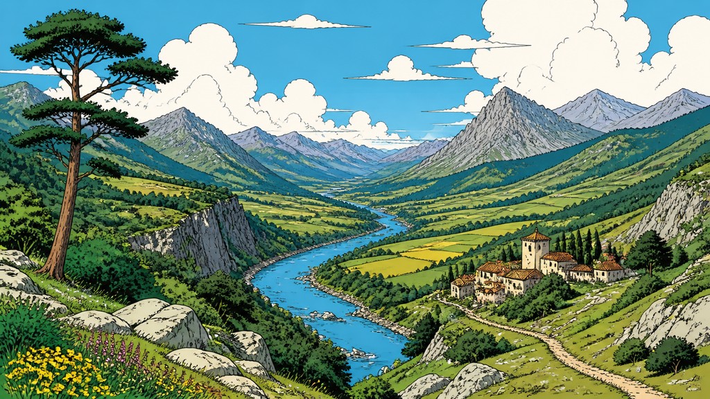 sweeping panoramic mountain valley with a winding river and dramatic clouds, no people and no animals