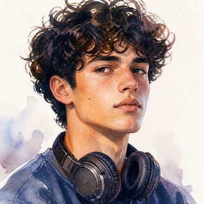 head-and-shoulders portrait of an original character: a young man with curly dark hair and headphones around his neck, plain backdrop, no text