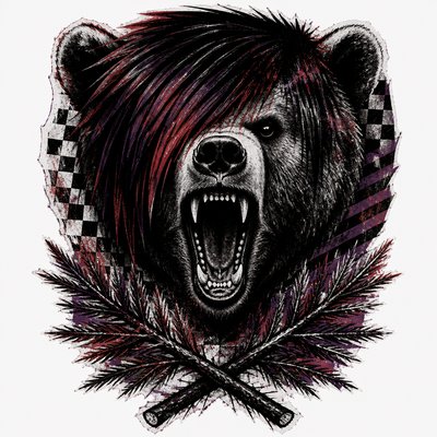 a roaring bear head above crossed pine branches, bold graphic composition on a plain background, no text