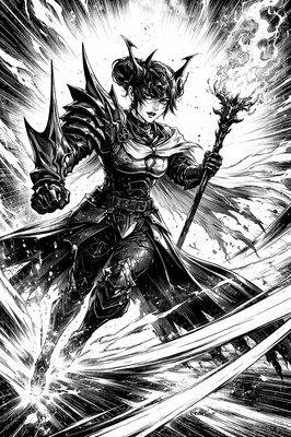 a black and white drawing of a woman with a sword