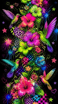a climbing vine of flowers and hummingbirds on a dark background, tall wrapping composition, no text